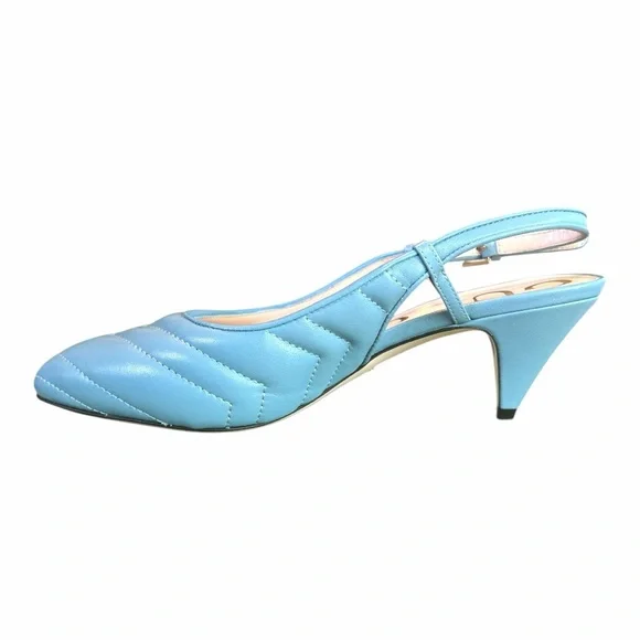 GUCCI Blue Matelasse Slingback Charlotte Heel EU 37 US 7 GG Logo Quilted Kitten